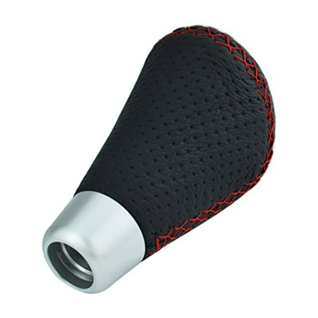Perforated black leather gear shift knob with red stitched seams and white base sleeve