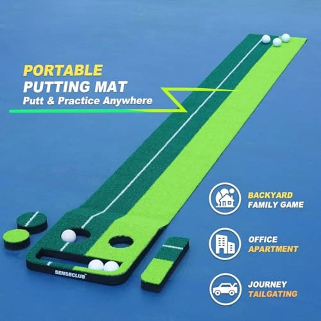 Portable indoor putting green mat with two holes and several white practice balls