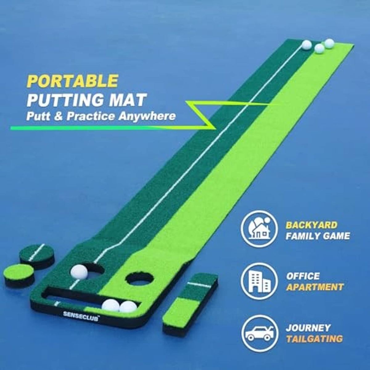 Portable indoor putting green mat with two holes and several white practice balls