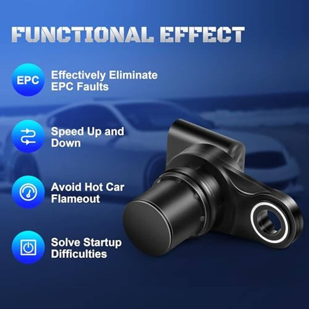 Black camshaft position sensor with circular mounting ring and threaded base