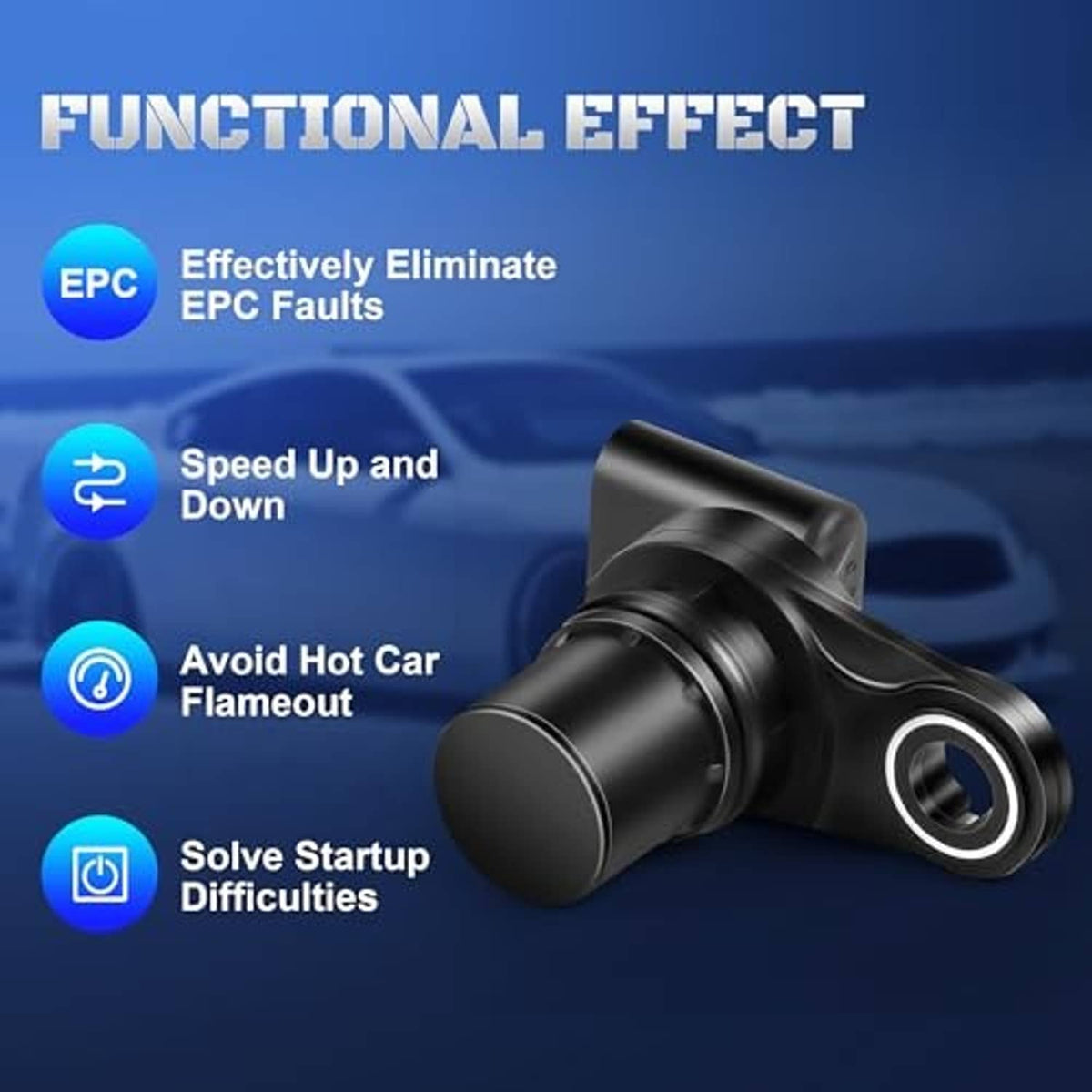 Black camshaft position sensor with circular mounting ring and threaded base
