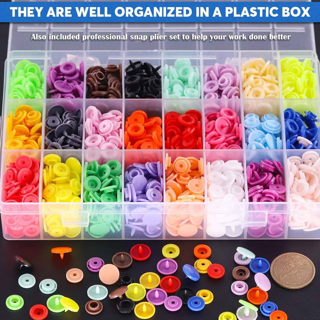 Clear plastic storage box filled with organized colored snap buttons