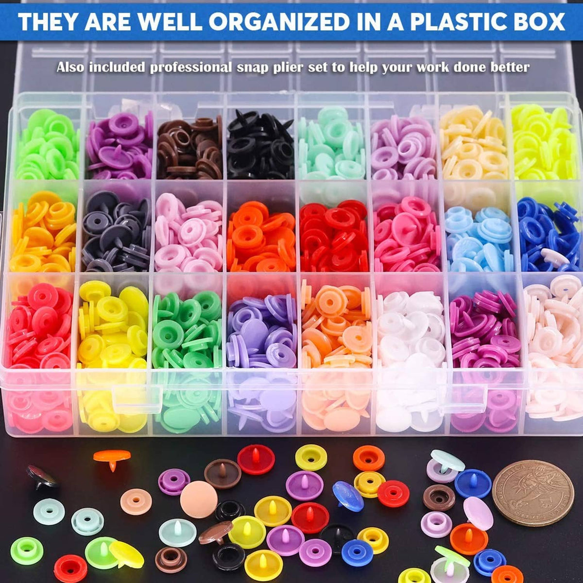 Clear plastic storage box filled with organized colored snap buttons