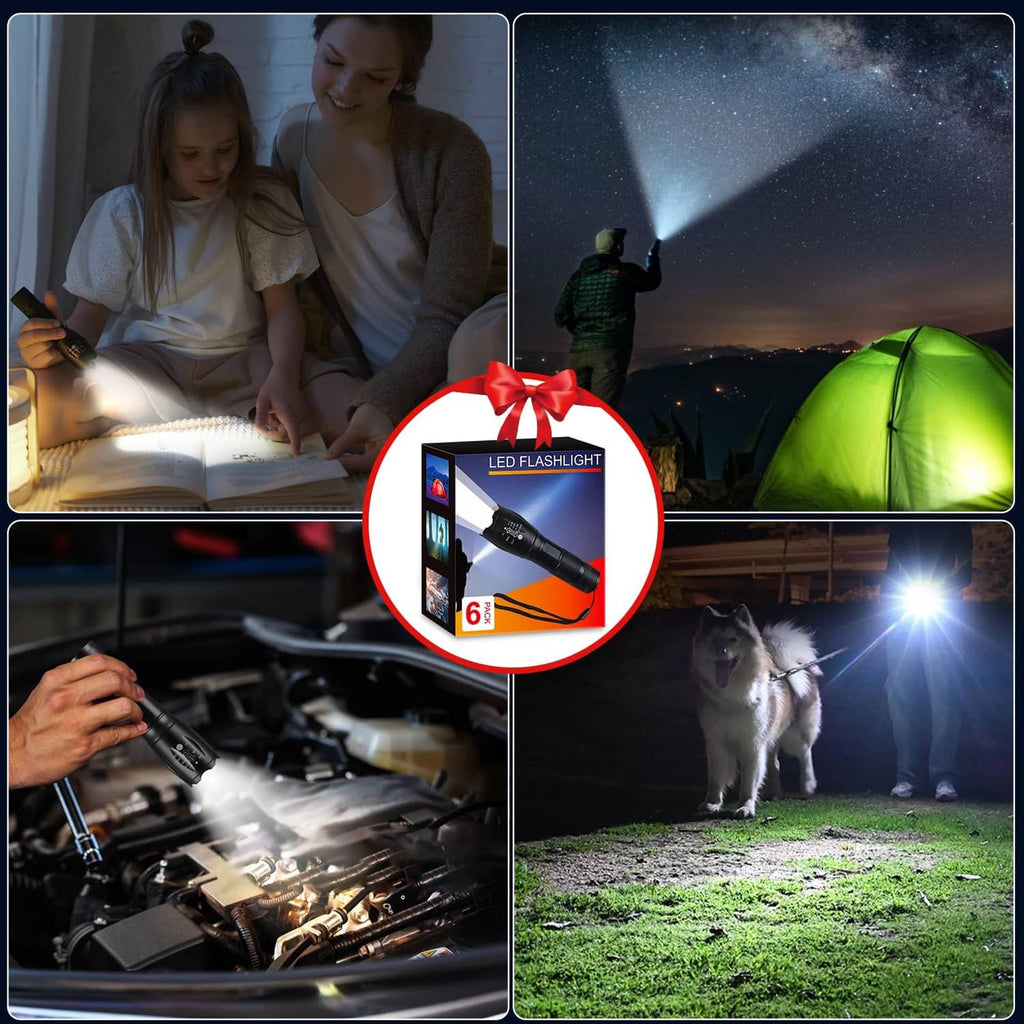 LED tactical flashlight gift box showing black flashlight and bundle contents