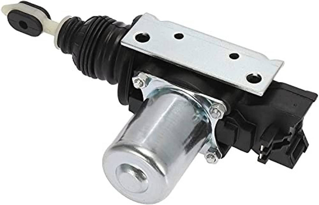 Power door lock actuator with silver mounting bar, metal housing, and black connector