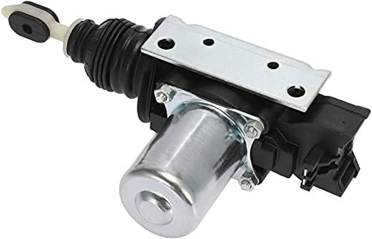 Power door lock actuator with silver mounting bar, metal housing, and black connector