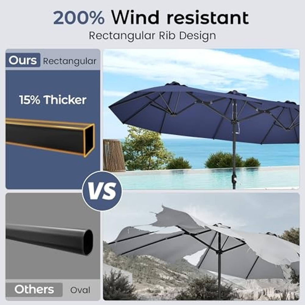 Navy patio umbrella with double-sided rectangular canopy over outdoor pool area