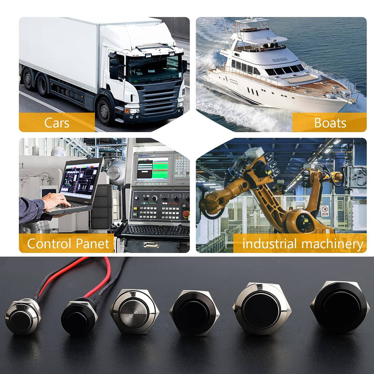 Momentary push button switch assortment with black caps for vehicles and control panels