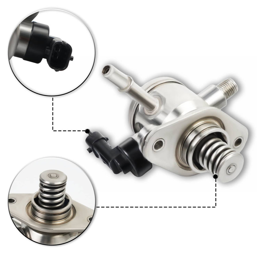 High-pressure fuel pump with metal body, fuel inlet/outlet ports, and electrical connector