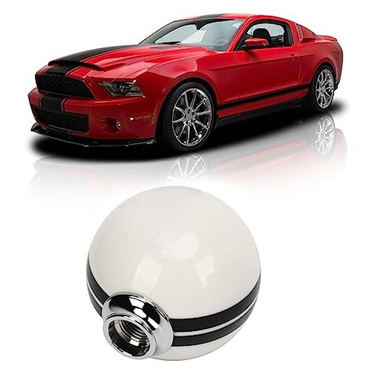 White shift knob with chrome base, black ring, and threaded opening