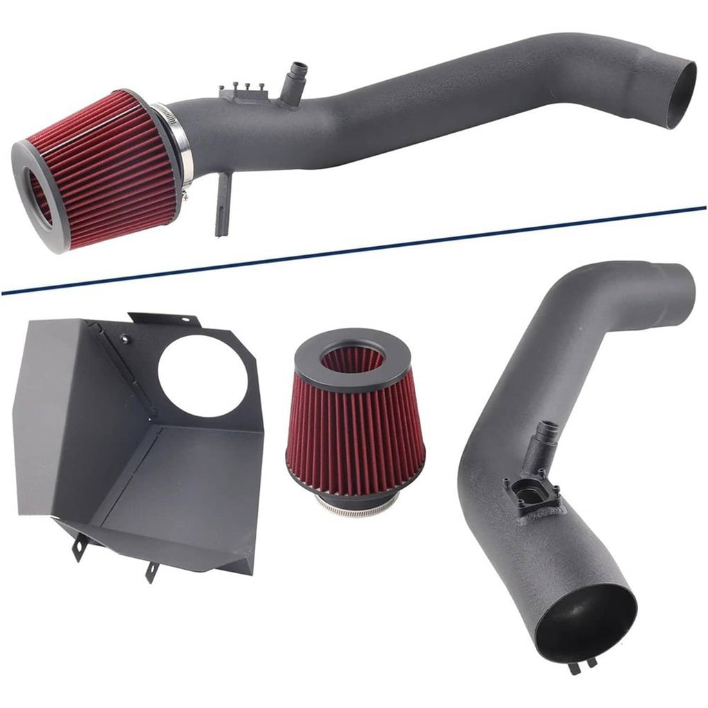 Cold air intake system kit with black intake tube and red cone air filter