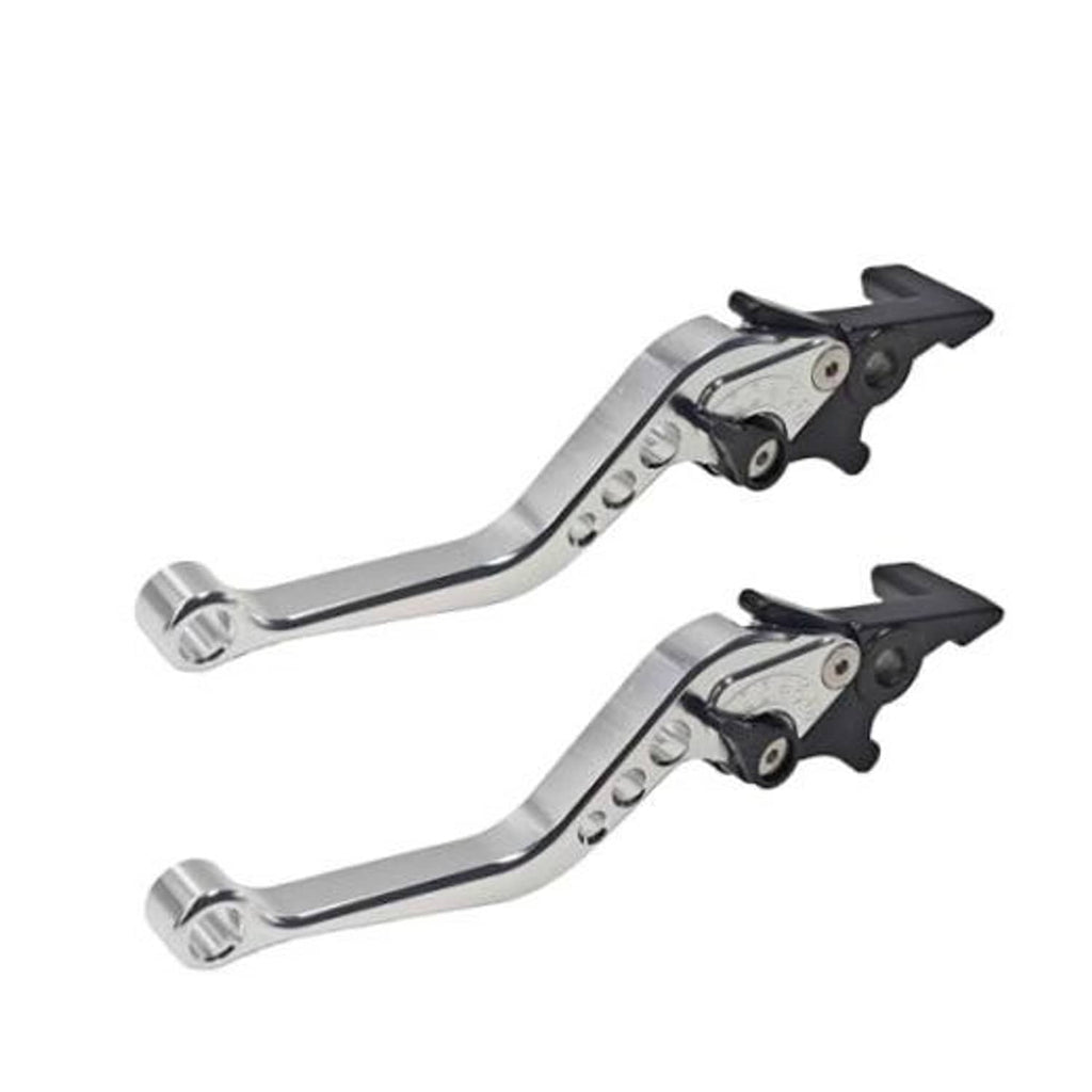 Pair of silver motorcycle brake and clutch levers with black adjustment brackets