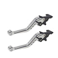 Pair of silver motorcycle brake and clutch levers with black adjustment brackets