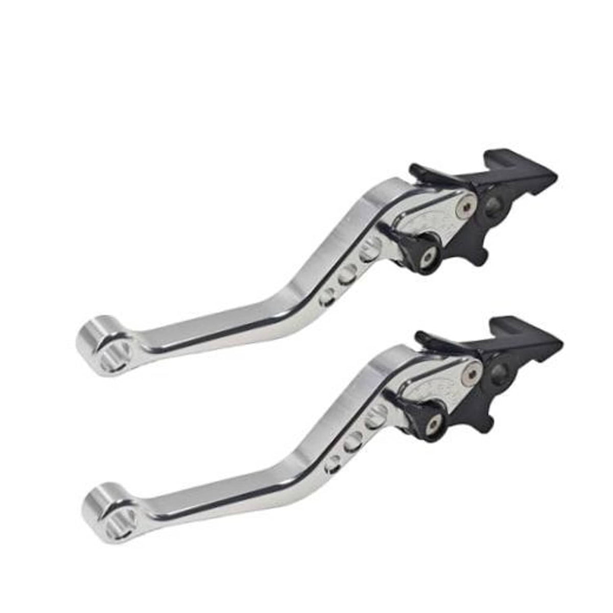 Pair of silver motorcycle brake and clutch levers with black adjustment brackets