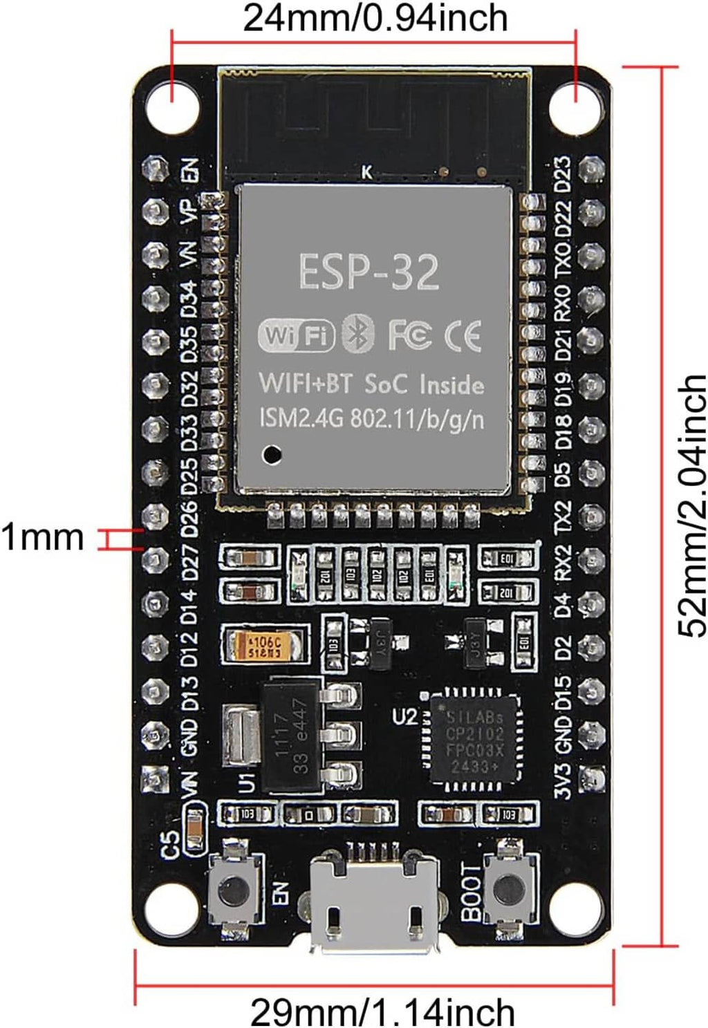 ESP-32 dev board PCB with ESP-32 chip, size labels, and side pin header rows