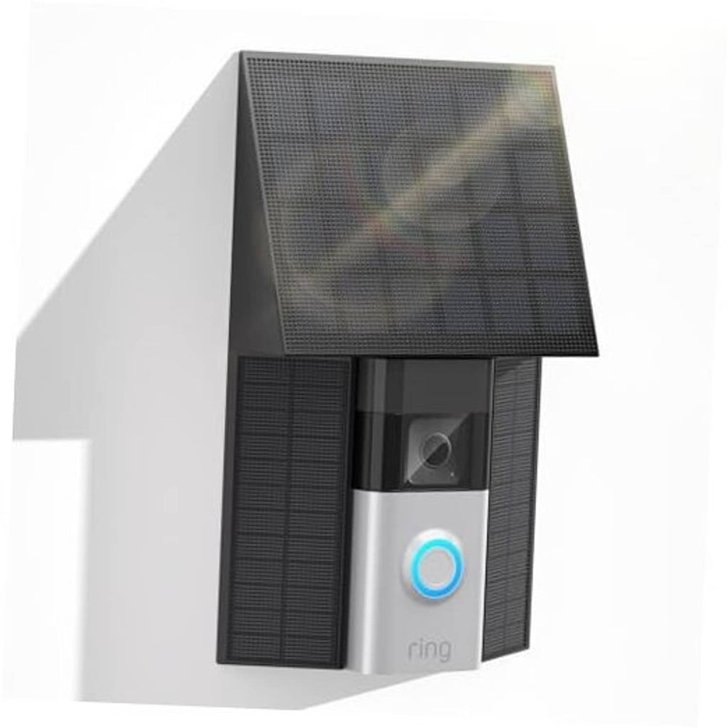 Solar doorbell charger with textured black solar panel and silver body, front close-up
