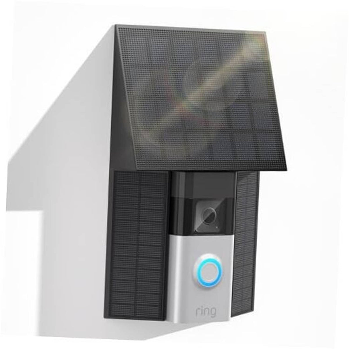 Solar doorbell charger with textured black solar panel and silver body, front close-up