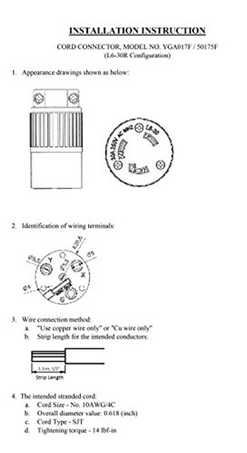 Installation instructions sheet for twist-lock plug, showing wiring and terminal diagrams