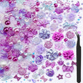 Assorted purple and light-blue resin flower beads, rhinestones, and butterfly charms