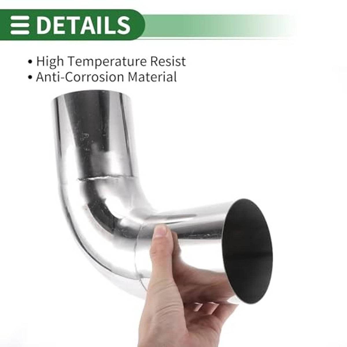 Stainless 90-degree exhaust elbow pipe with black outlet, close-up with finger point
