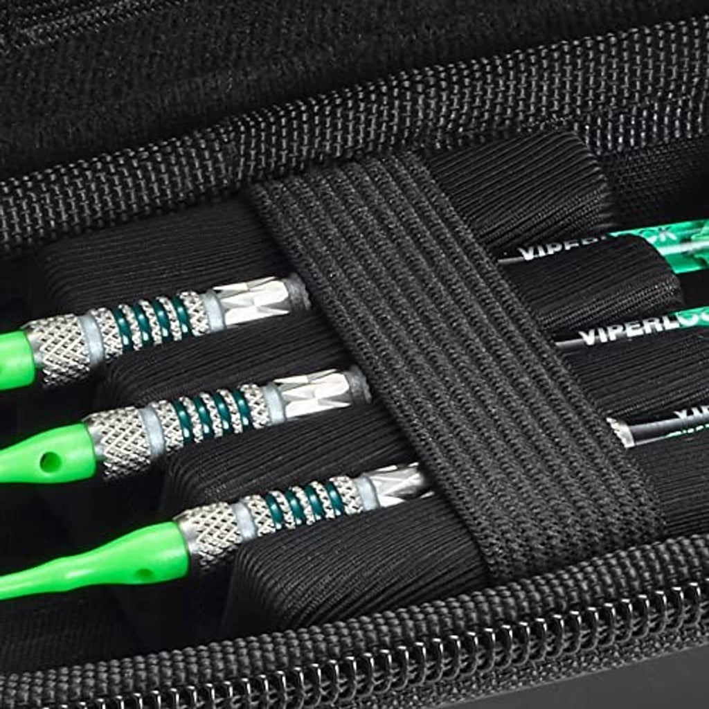 Interior view of black dart case with elastic straps holding green dart barrels.