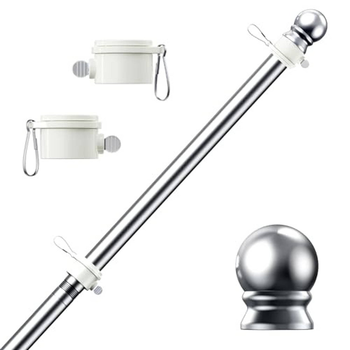 Silver stainless steel flagpole with ball finial and two fabric-mount clips