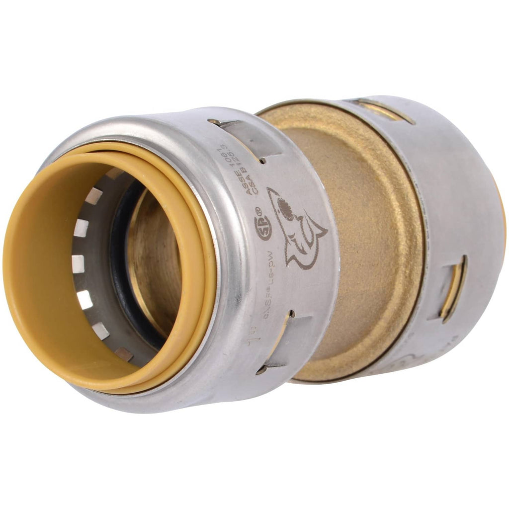 SharkBite Max push-to-connect brass coupling with metal exterior and brass insert