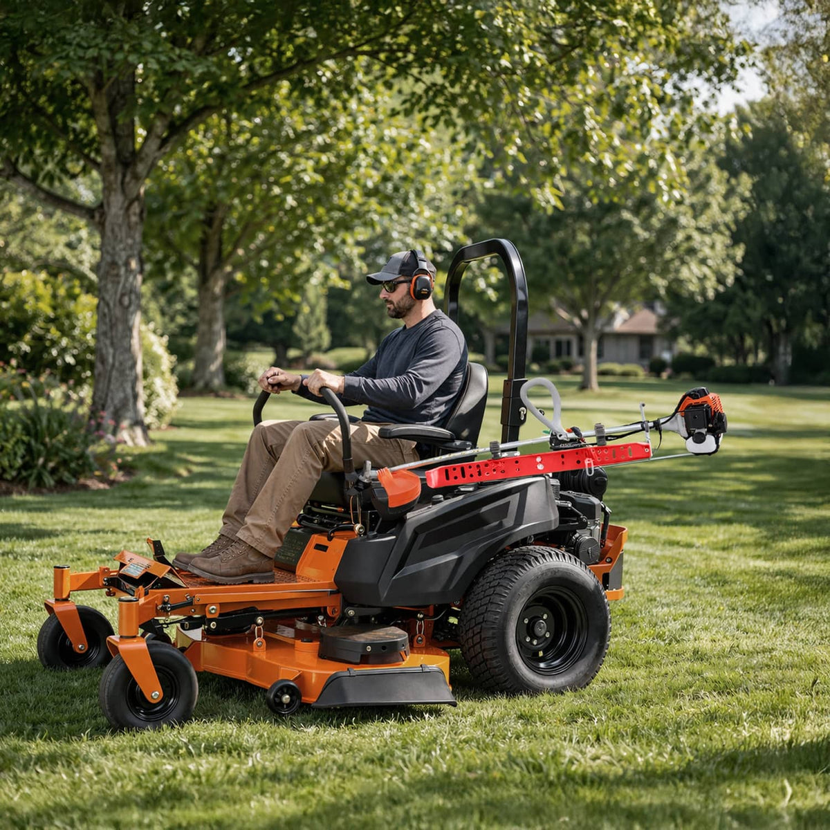 Red trimmer rack attachment installed on a riding lawn mower deck and roll bar