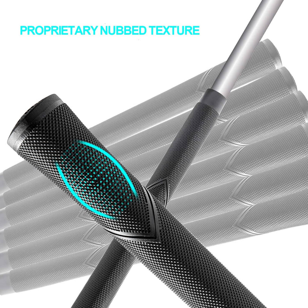 Black oversize golf grip with nubbed texture, angled close-up over a club shaft