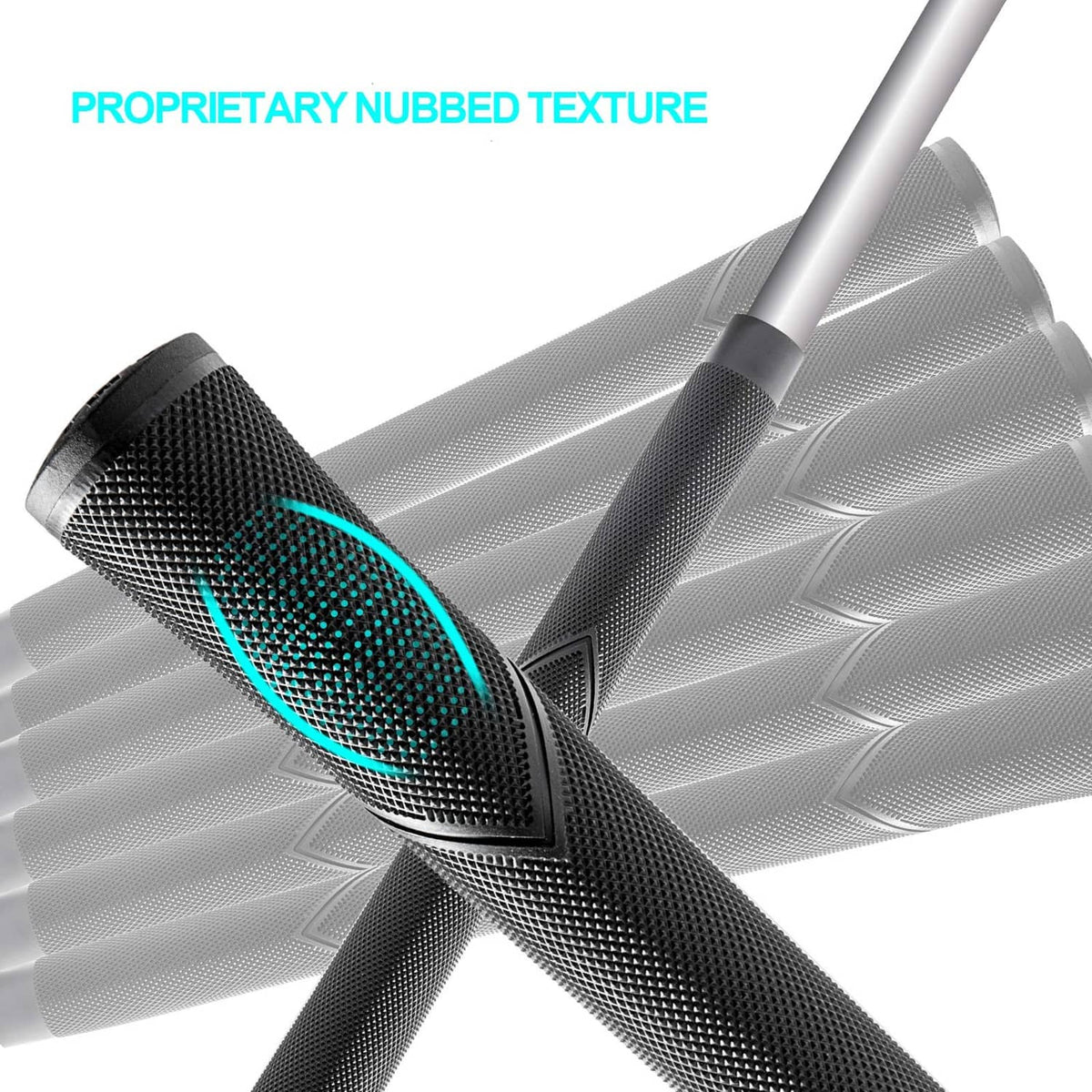 Black oversize golf grip with nubbed texture, angled close-up over a club shaft