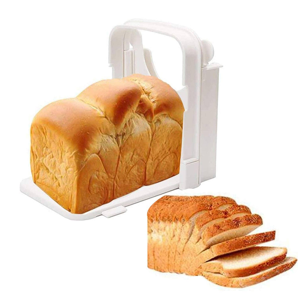 White bread slicer holding a loaf with several toast slices next to it