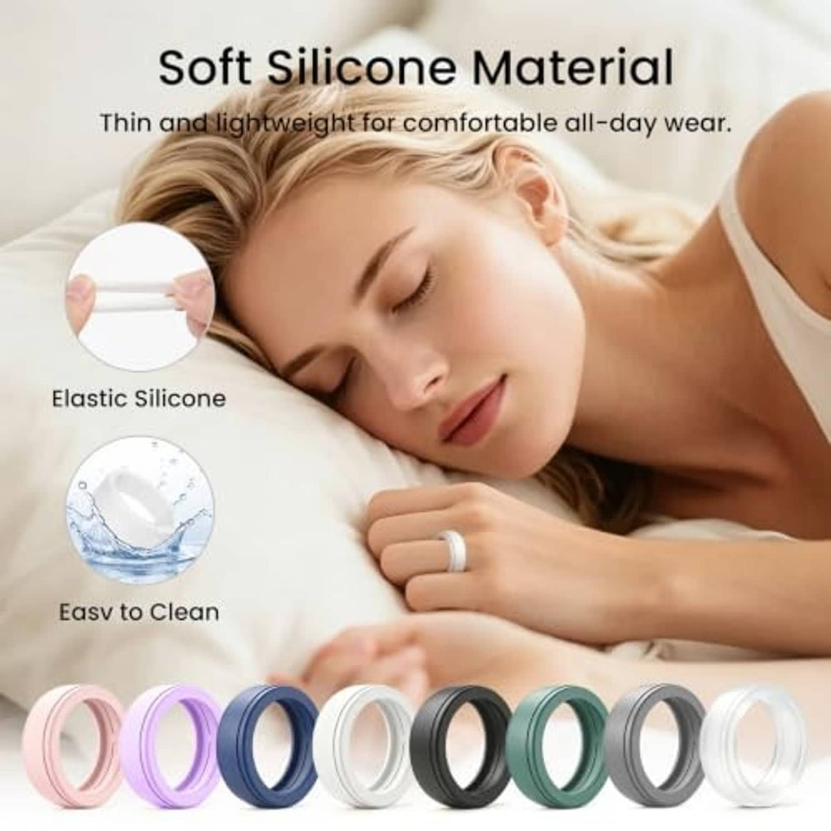 Silicone ring covers with comfort and easy-clean icons, shown with a sleeping person