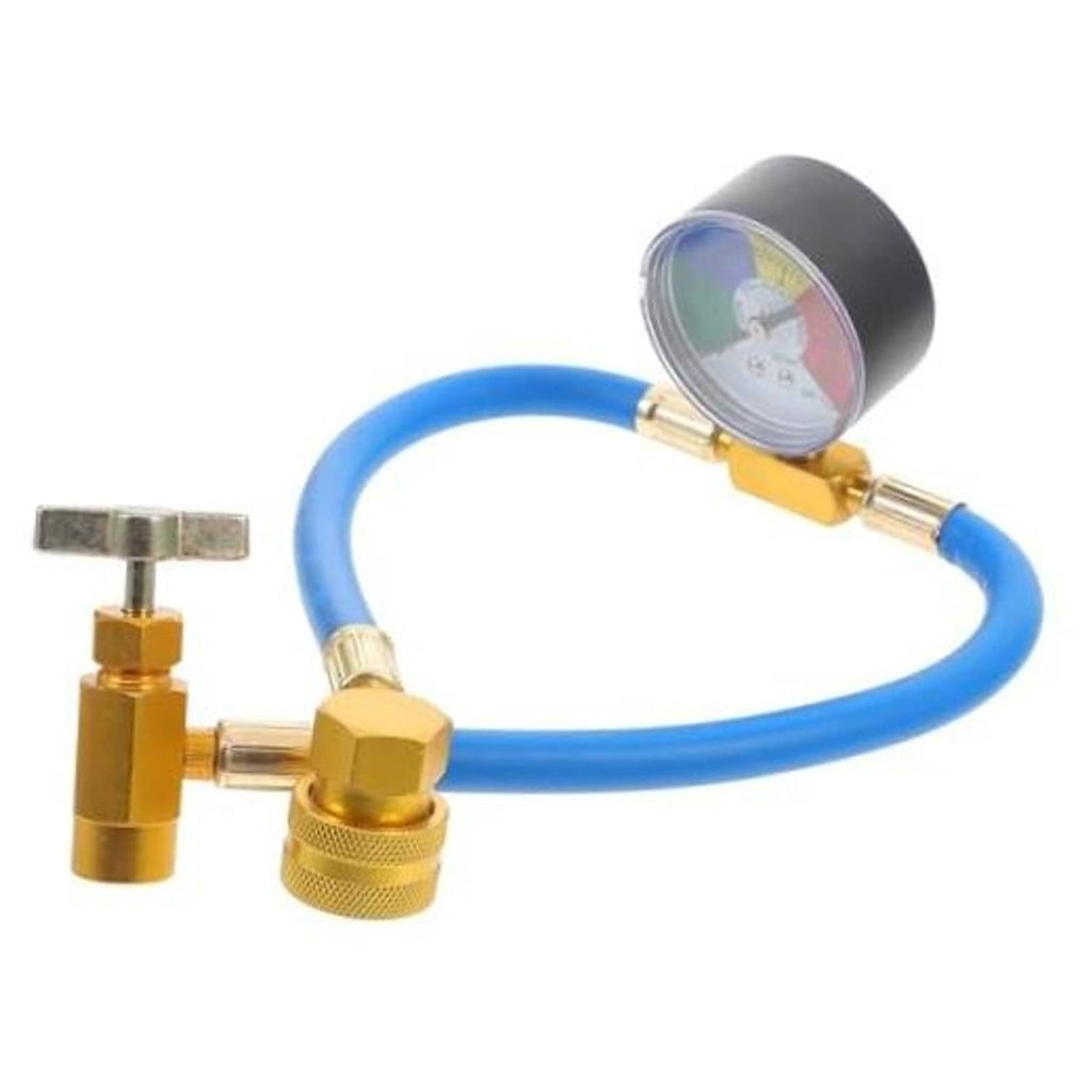 A/C charging hose kit with blue hose, round gauge, and brass valve fitting