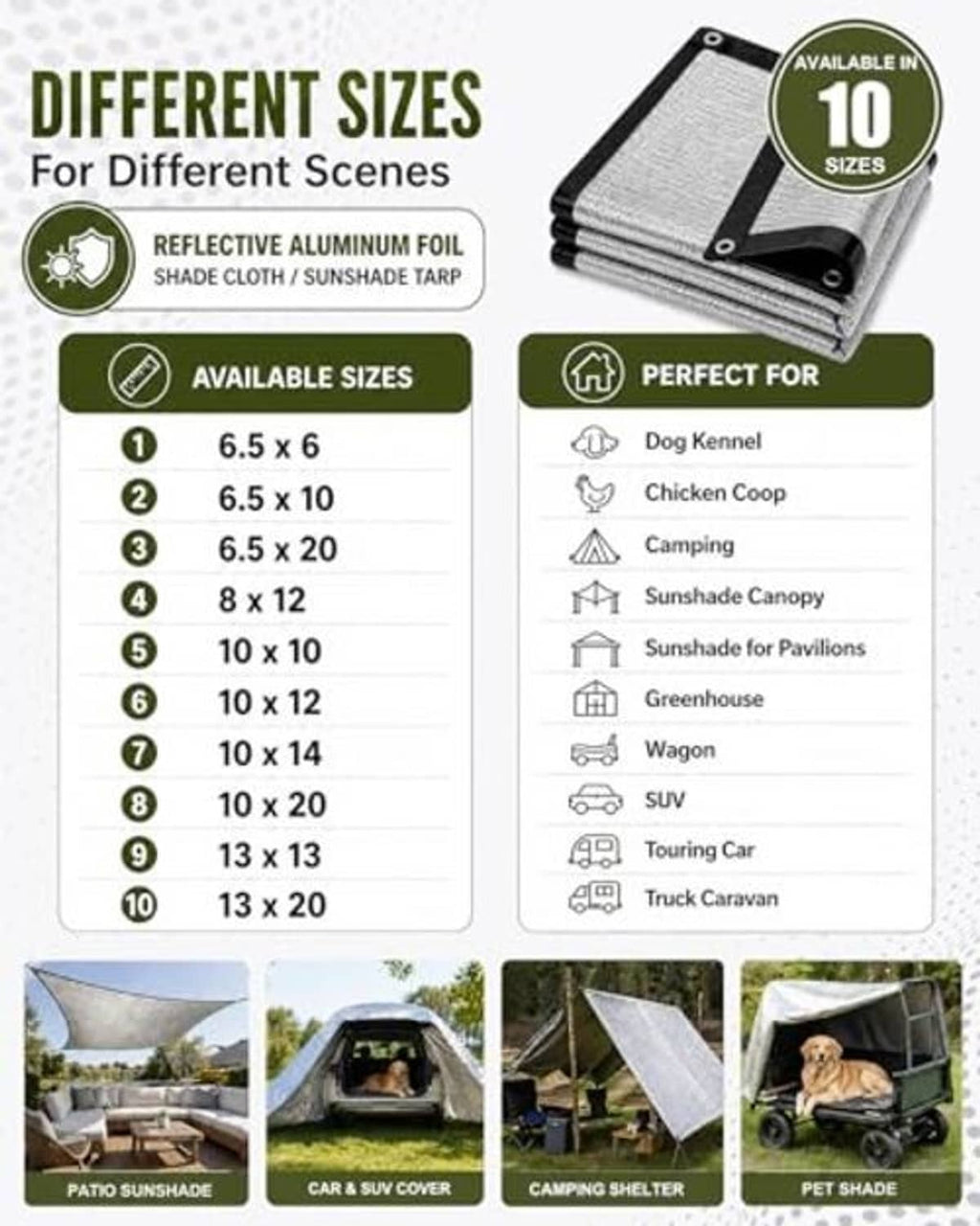 Reflective aluminum foil shade cloth in multiple sizes for dog kennel, camping, and shade