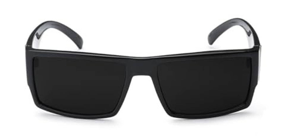 Black rectangular sunglasses with dark lenses and silver-gray temple arms
