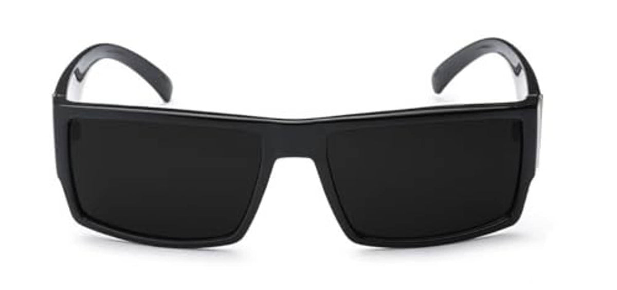 Black rectangular sunglasses with dark lenses and silver-gray temple arms