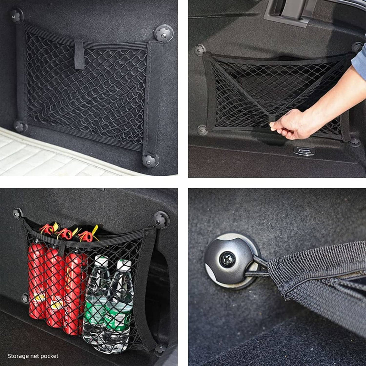 Black cargo net mounted on a vehicle panel with corner straps and hooks