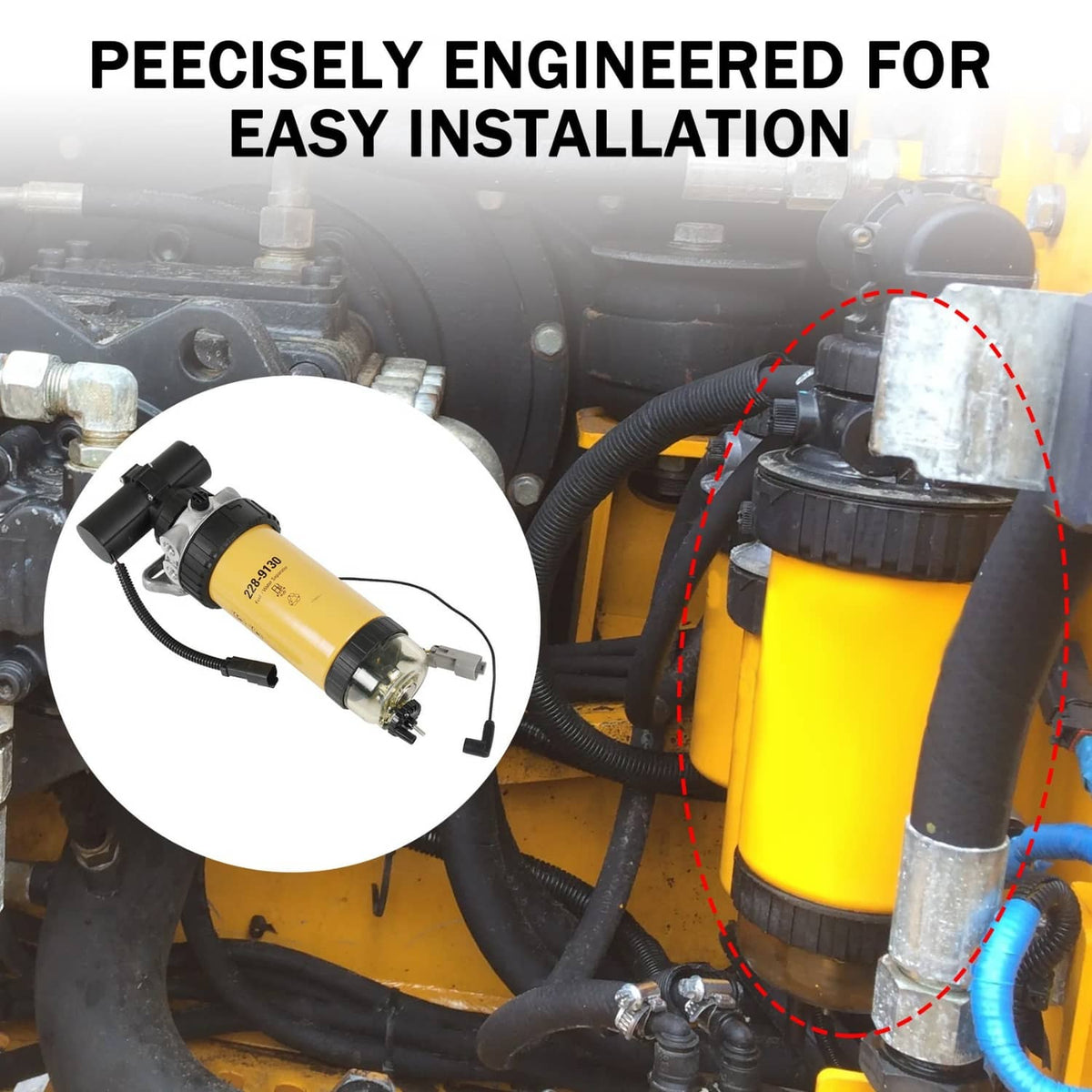 Fuel pump and filter assembly installed with yellow canister and black wiring on engine bay