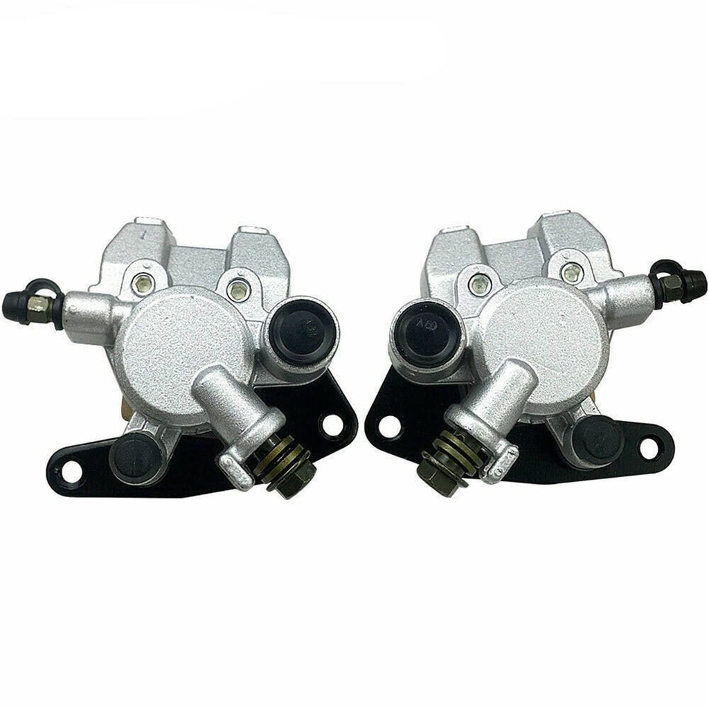 Front brake calipers set with silver bodies, black end caps, and side mounting ears