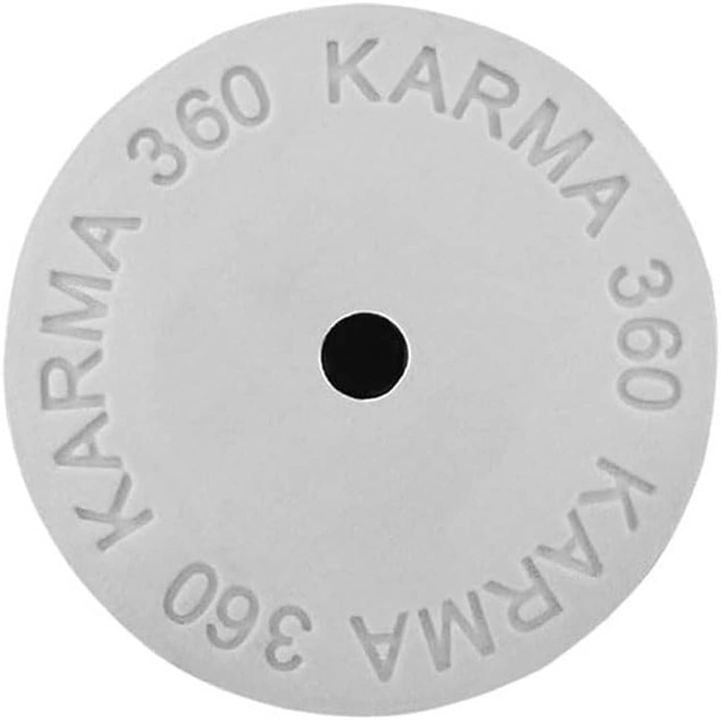 Golf grip end cap, round gray piece with 360 KARMA text and center hole