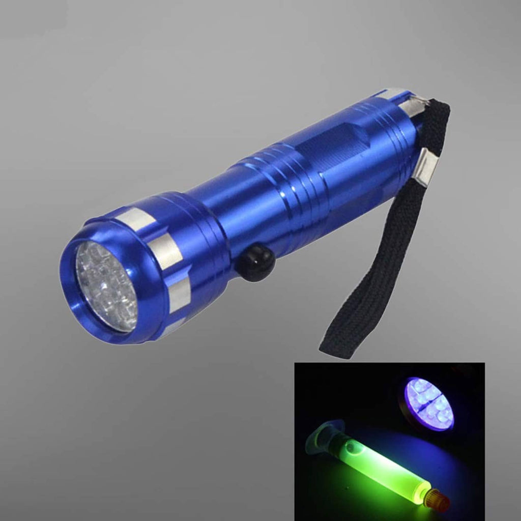 Blue UV leak detector flashlight with strap and visible light-emitting lens