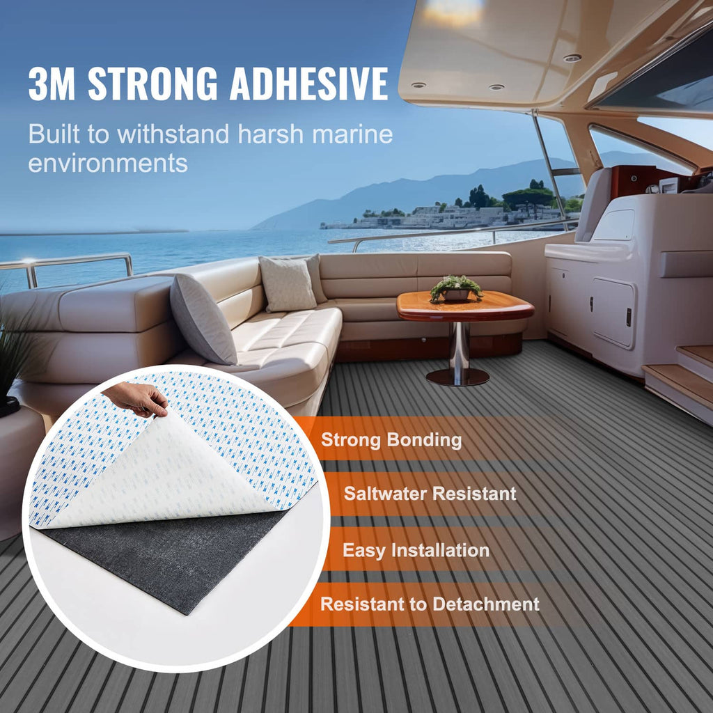 Dark gray yacht deck flooring sheet laid on boat deck with V-groove surface