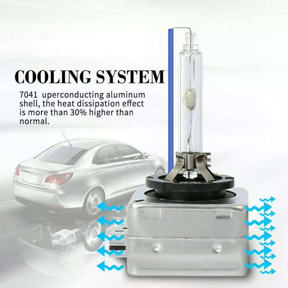 HID xenon bulb on cooling base with blue tube, airflow arrows diagram