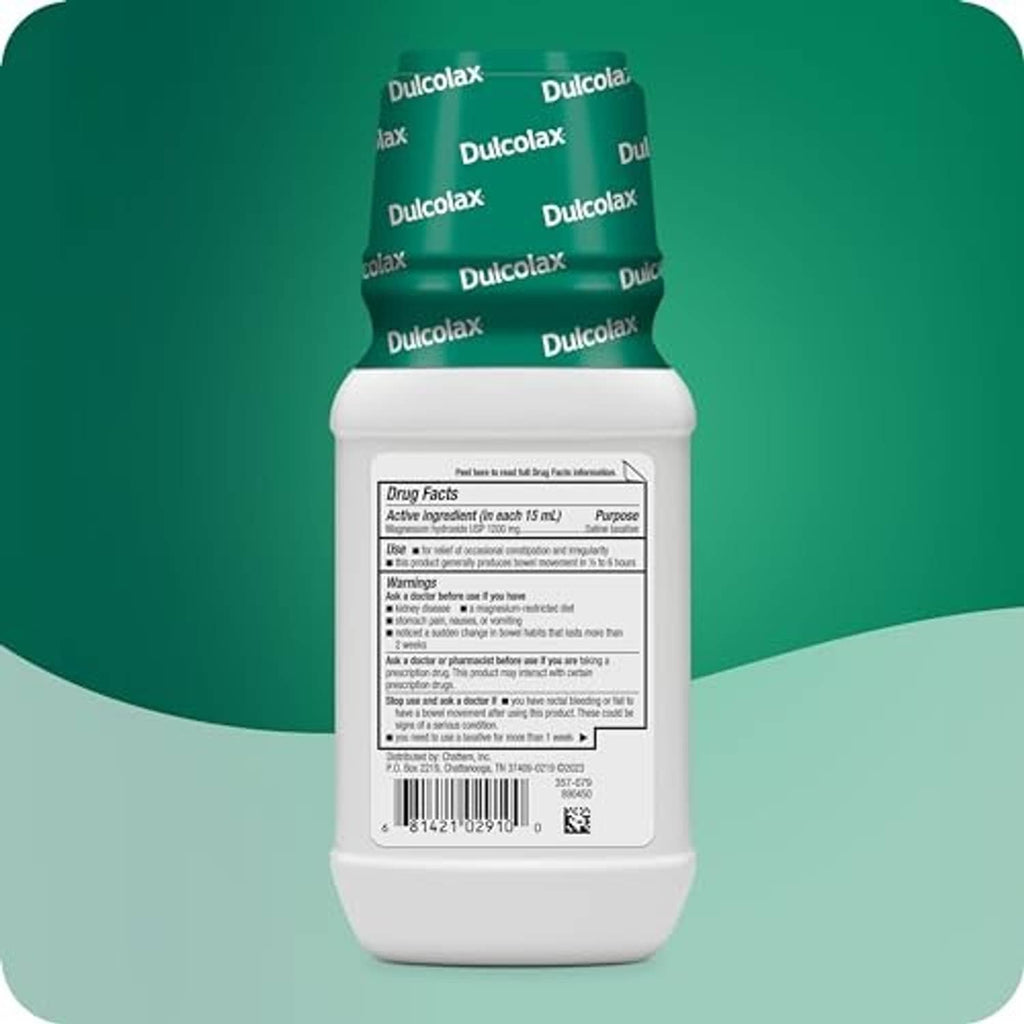 Dulcolax Liquid saline laxative bottle back label with dosage and ingredient information