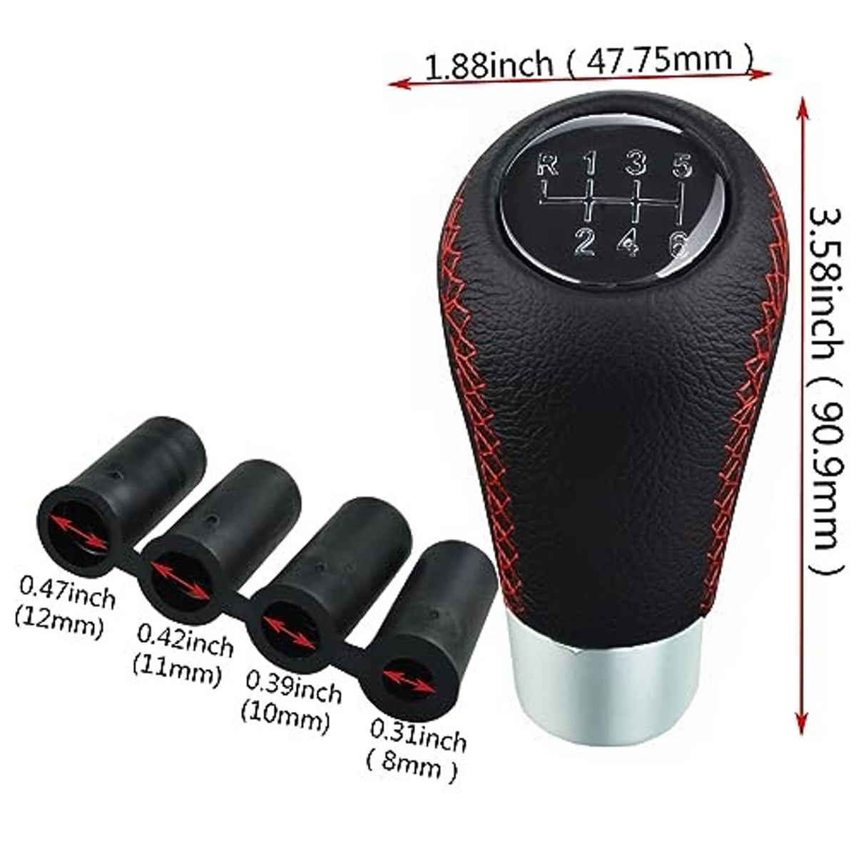 Black leather 6-speed shift knob with red stitching and silver base, shown with size marks