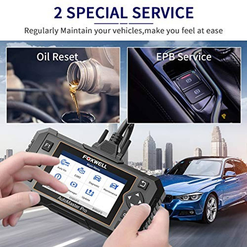 Handheld FOXWELL AutoMaster Pro OBD2 scanner with screen and attached OBD cable