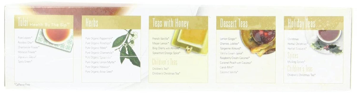 Tea box panel set showing multiple varieties, including orange spice