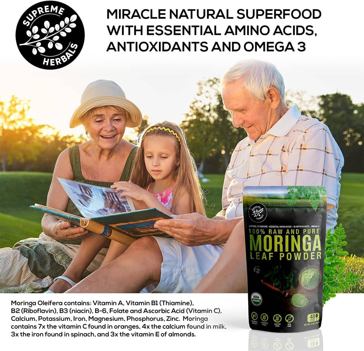 Moringa leaf powder pouch, black bag with green moringa leaf graphic shown in outdoor lifestyle
