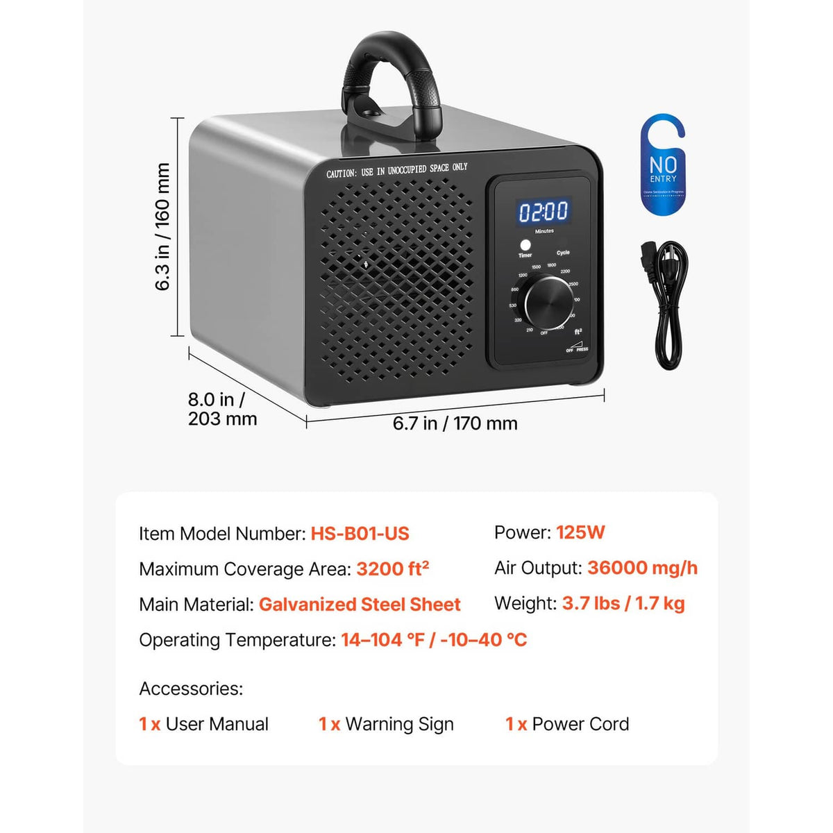 Ozone generator machine with handle, front control dial, and compact dimensions
