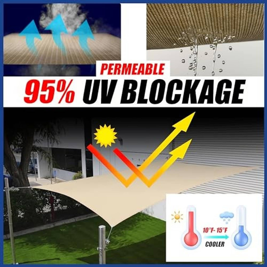 Grey sun shade sail fabric with permeable UV-blockage and cooling graphic icons
